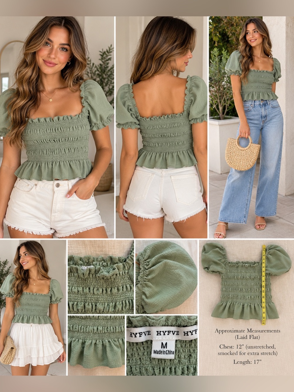 HYFVE Sage Green Smocked Puff Sleeve Peplum Crop Top Size M